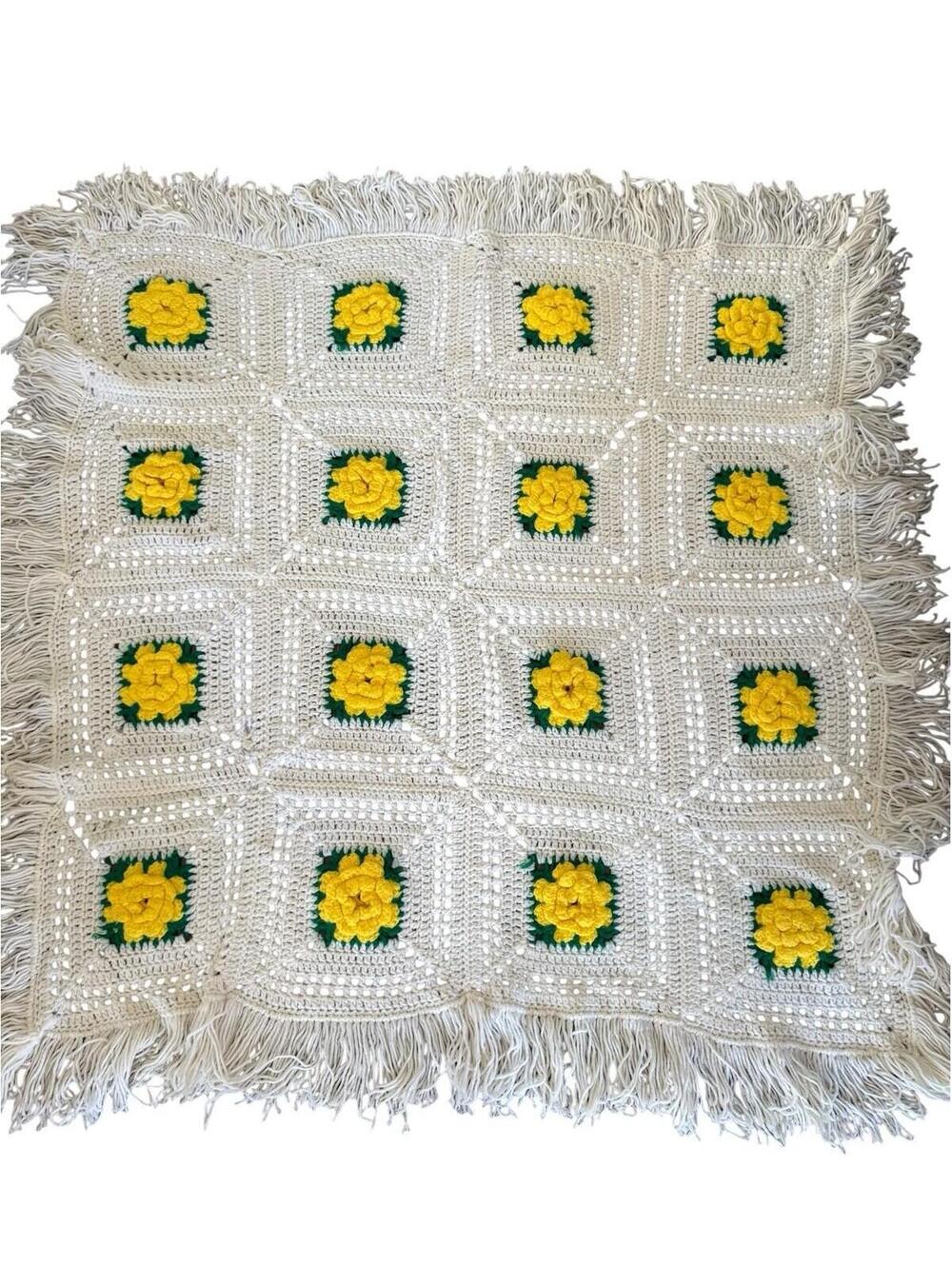 Handmade Afghan Lap Throw Yellow 3D Roses Fringe 45” X 45” Granny Core